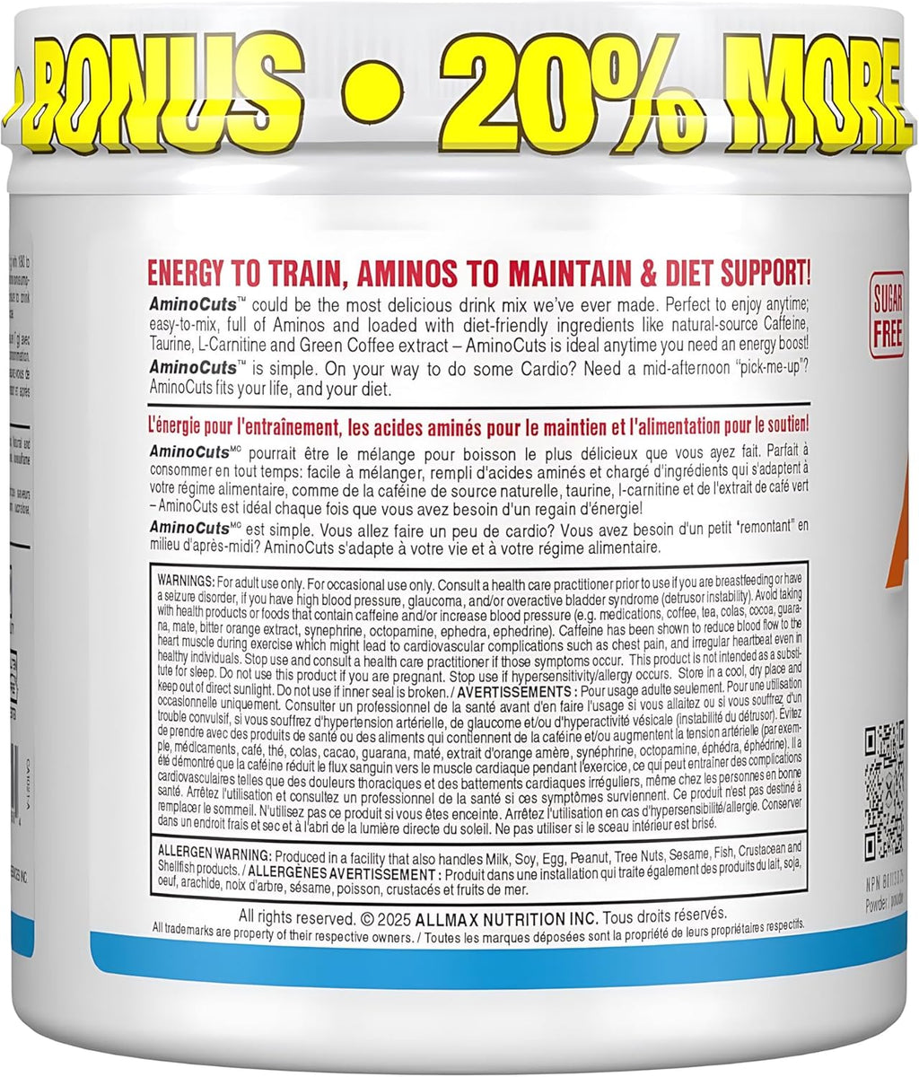 AMINOCUTS (ACUTS), Amino-Charged Energy Drink with Taurine, L-Carnitine, Green Coffee Bean Extract, Blue Raspberry - Dye Free