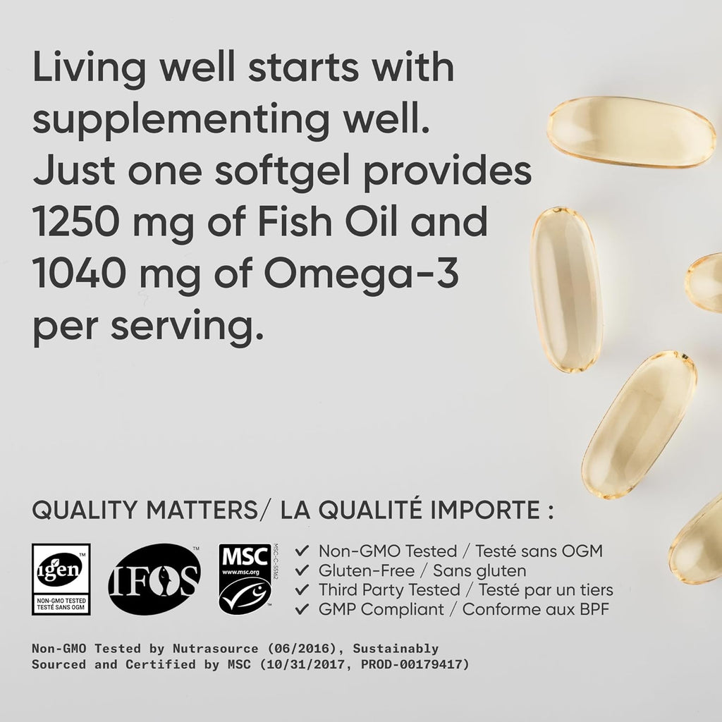 Triple Strength Omega 3 Fish Oil - Burpless Fish Oil Supplement W/Epa & DHA Fatty Acids from Wild Alaskan Pollock - Heart, Brain & Immune Support for Men & Women - 1250 Mg, 30 Ct