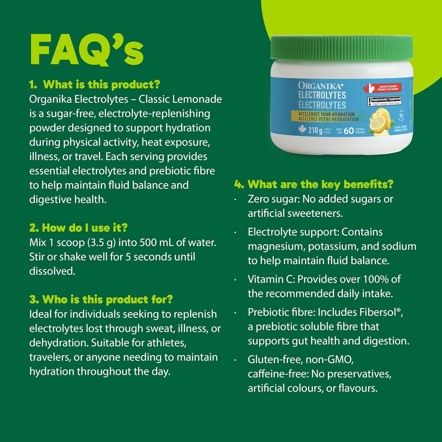 Canadian-Made Electrolytes Powder - Classic Lemonade - Sugar-Free Hydration and Electrolyte Replenishment with Prebiotics and Vitamin C - 210G - 60 Servings