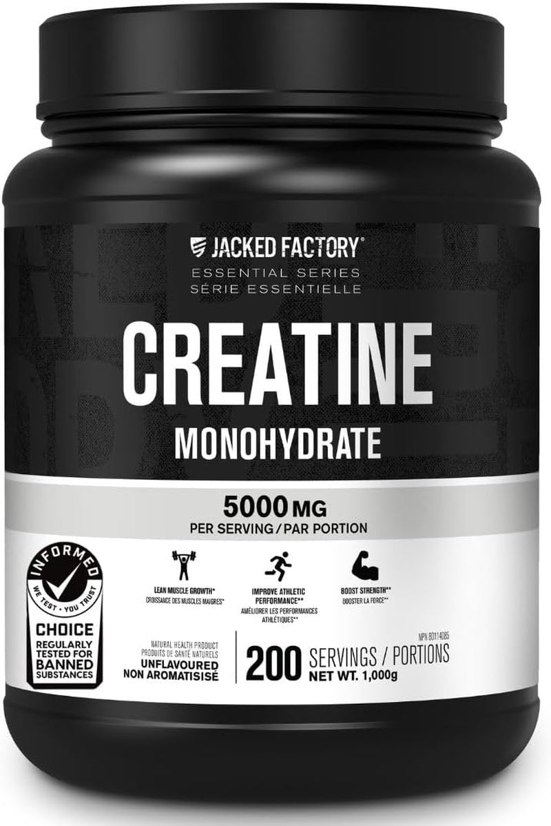 Creatine Monohydrate Powder 1000G - Canadian-Owned Informed Choice Certified Supplement for Increased Muscle Mass*, Improved Strength, Power, & Performance** - 200 Servings, Unflavored