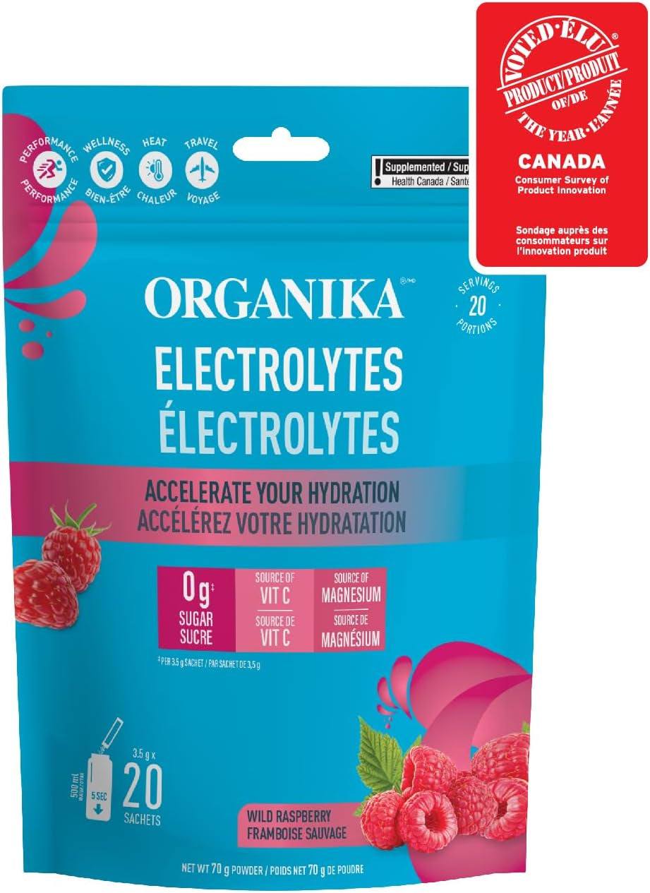 Canadian-Made Electrolytes Powder- Wild Raspberry Sachets- on the Go Sugar-Free Hydration and Electrolyte Replenishment with Prebiotics and Vitamin C-3.5G X 20Ct