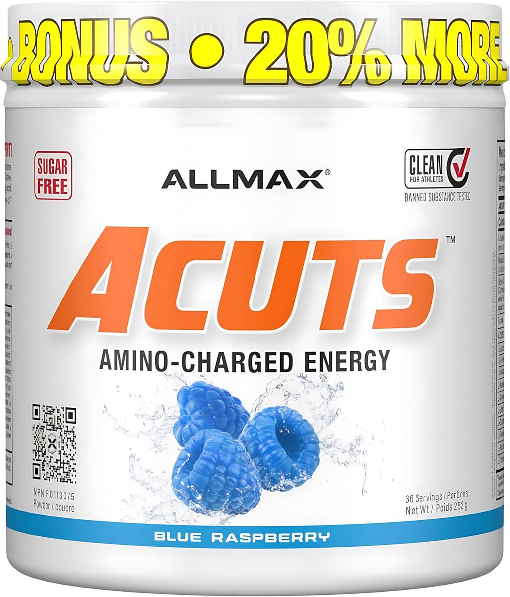 AMINOCUTS (ACUTS), Amino-Charged Energy Drink with Taurine, L-Carnitine, Green Coffee Bean Extract, Blue Raspberry - Dye Free