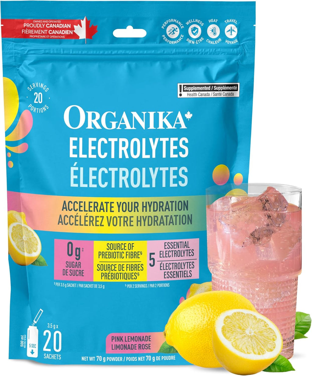 Canadian-Made Electrolytes Powder- Pink Lemonade Sachets- on the Go Sugar Free Hydration and Electrolyte Replenishment with Prebiotics and Vitamin C 3.5G X 20Ct