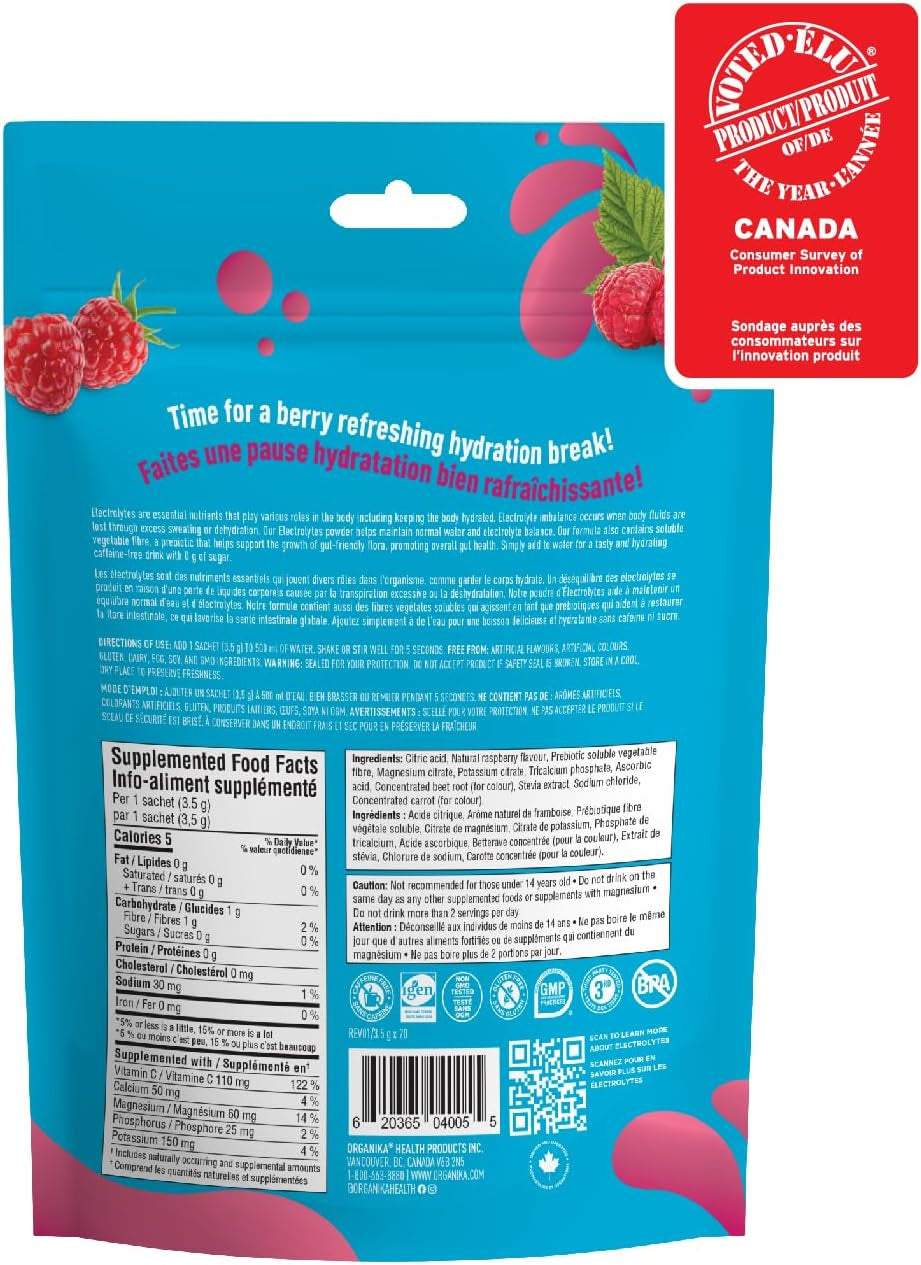 Canadian-Made Electrolytes Powder- Wild Raspberry Sachets- on the Go Sugar-Free Hydration and Electrolyte Replenishment with Prebiotics and Vitamin C-3.5G X 20Ct