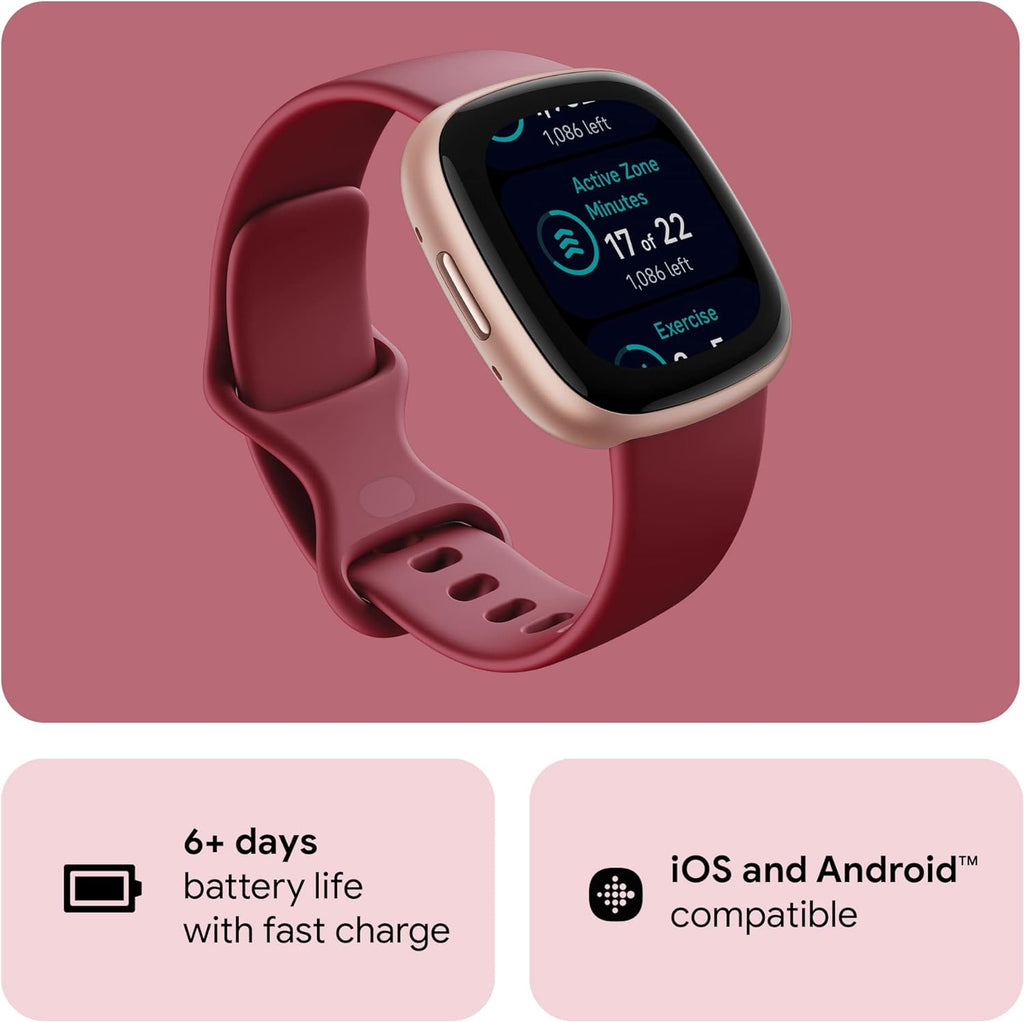 Google  Versa 4 Fitness Smart Watch for Men and Women with Daily Readiness,Gps,24/7Heart Rate,40+ Exercise Modes,Sleep Tracking and More, Beet Juice/Copper Rose,One Size (S and L Bands Included)