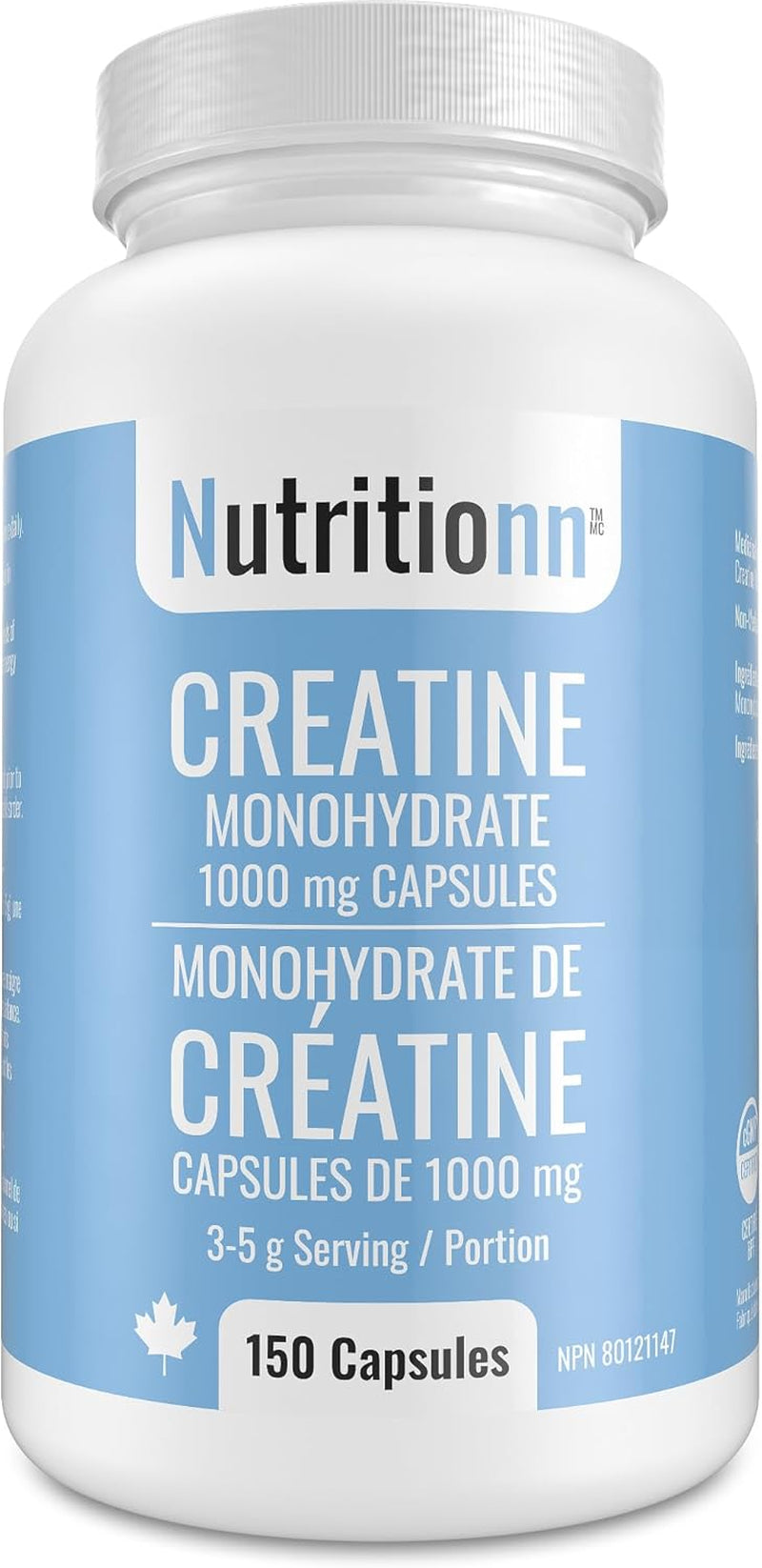 Creatine Capsules - 100% Creatine Monohydrate 1000 Mg X 150 Pills (3-5 G Serving) - Made in Canada - Premium Strength and Muscle Growth Supplement by
