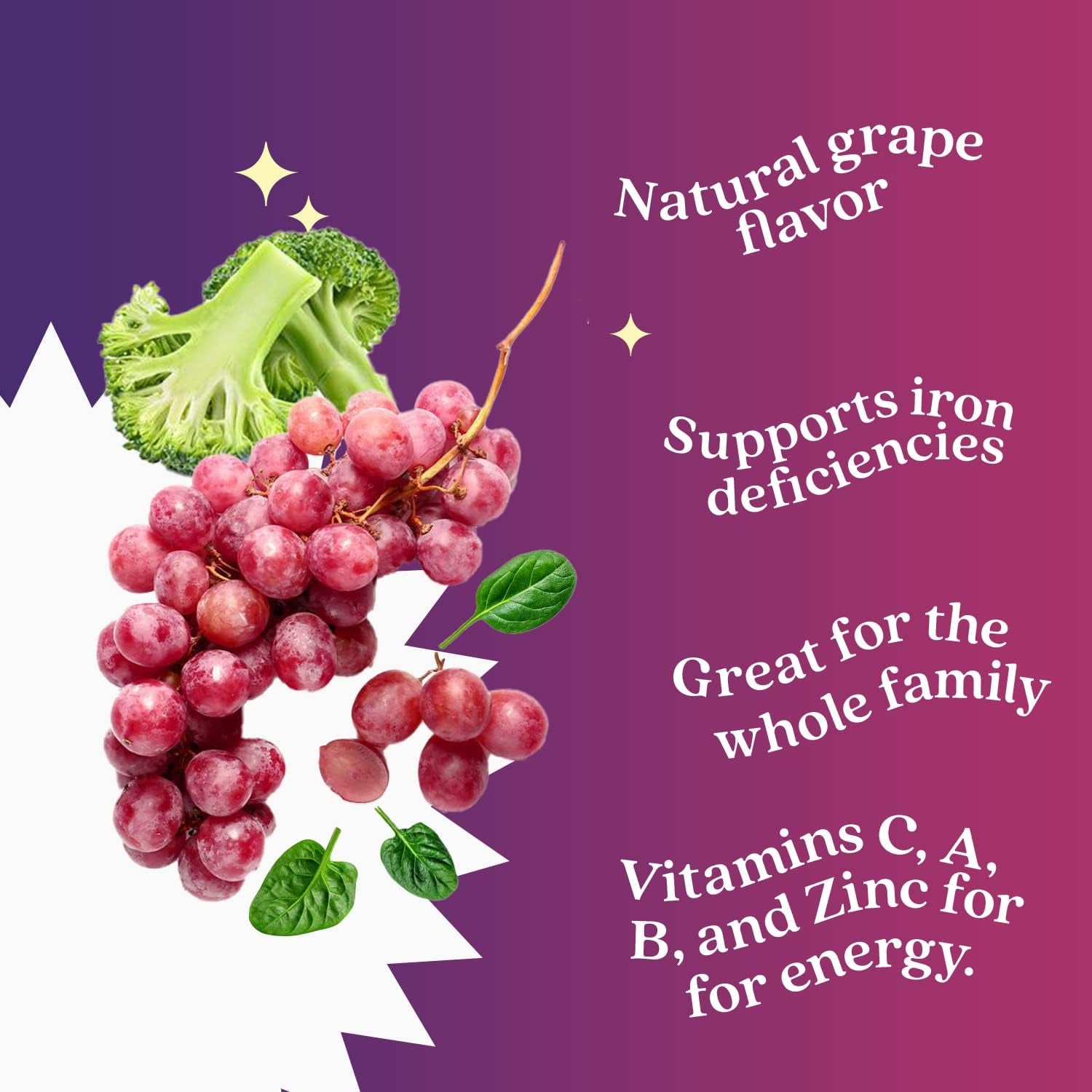 Iron Gummies Supplement with Vitamin C, A, Vitamins B Complex, Folate, Multivitamins for Women, Kids & Adults - Supports Energy, No after Taste, Vegan Supplements - Grape Flavor (120 Ct)