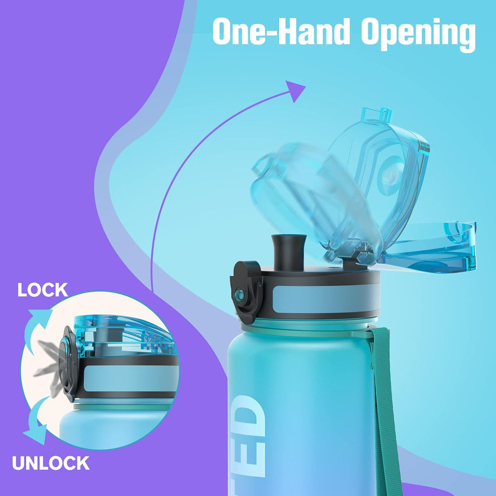 Water Bottle, 32Oz Motivational Sports Water Bottle with Time Marker - Times to Drink - Tritan, BPA Free, Wide Mouth Leakproof, Fast Flow Technology with Clean Brush (1 Bottle)