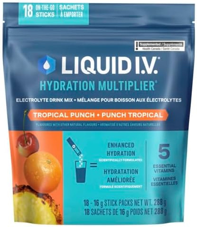 Hydration Multiplier Electrolyte Drink Mix - Enhanced Hydration Electrolyte Powder with Vitamins B3, B5, B6, B12 and C -18X On-The-Go Sticks for Workout and Travel - Tropical Punch