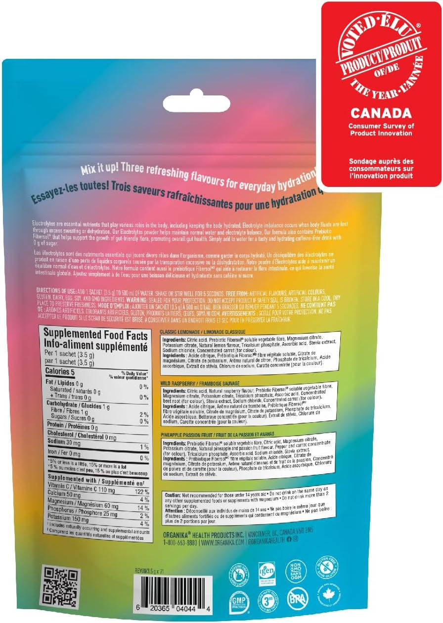 Canadian-Made Electrolytes Powder - Variety Pack Sachets (Raspberry/Lemonade/Pineapple) On-The-Go Sugar-Free Hydration and Electrolyte Replenishment with Prebiotics and Vitamin C, 3.5G X 21Ct