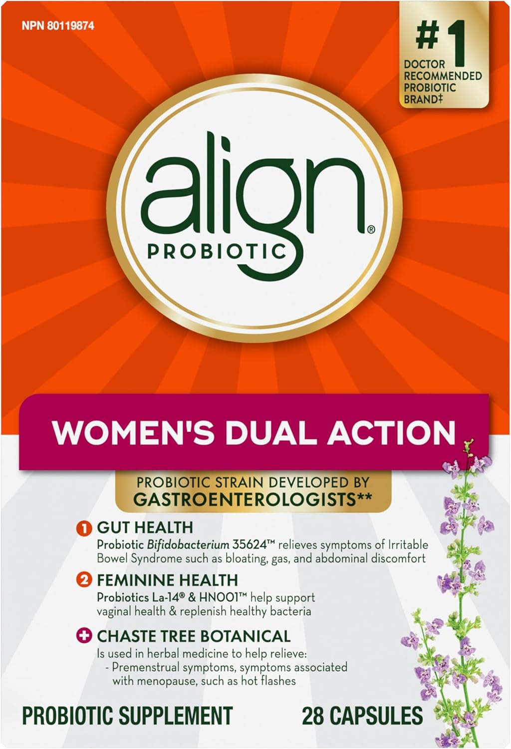 Probiotic, Women'S Dual Action, Multi-Strain Probiotic, with Chaste Tree, Soothes Occasional Abdominal Discomfort, Gas, Bloating, 28 Capsules