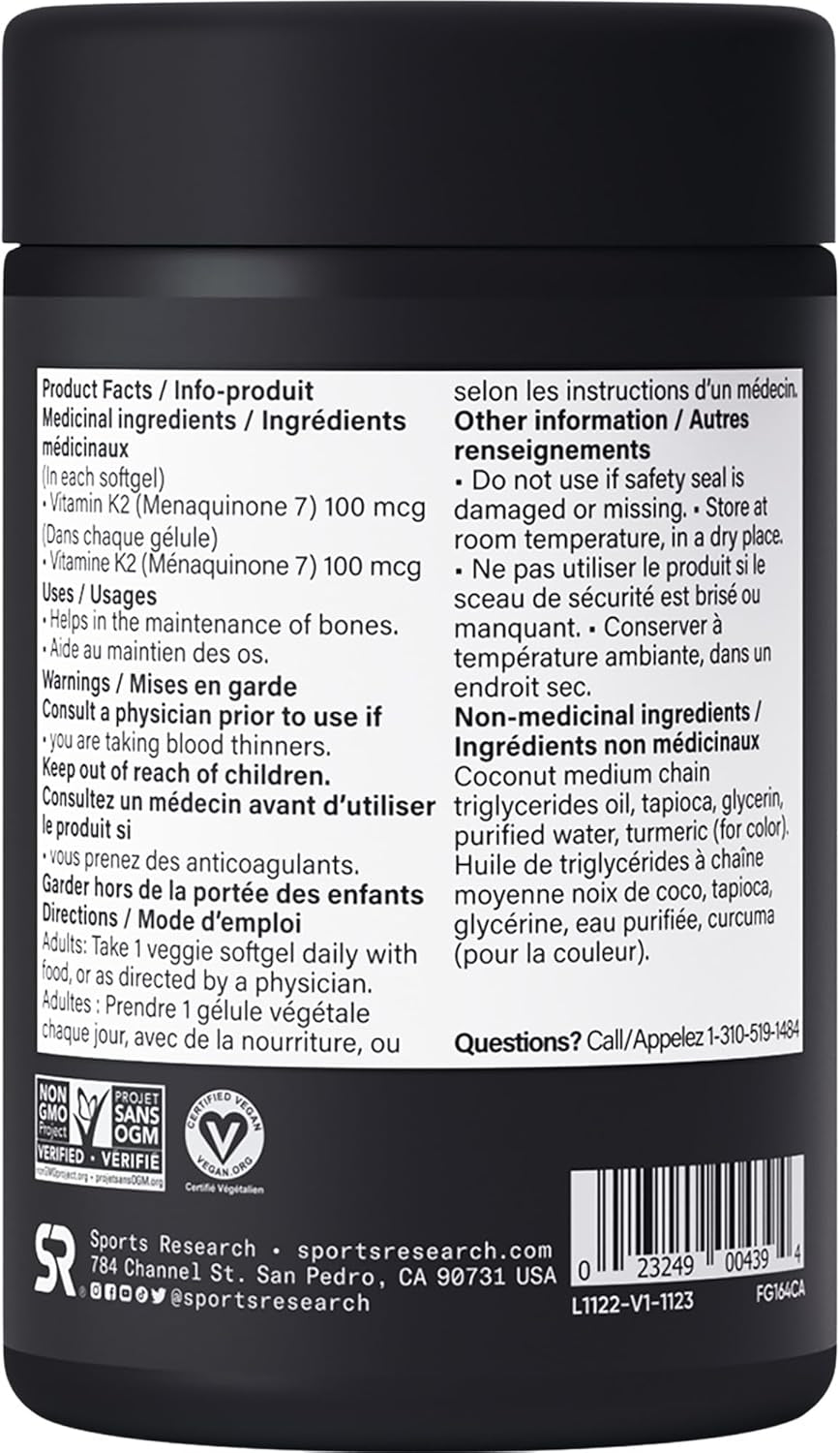 ® Vitamin K2 as MK7 with Coconut MCT Oil | Non-Gmo Verified, Vegan Certified (60 Veggie-Softgels)
