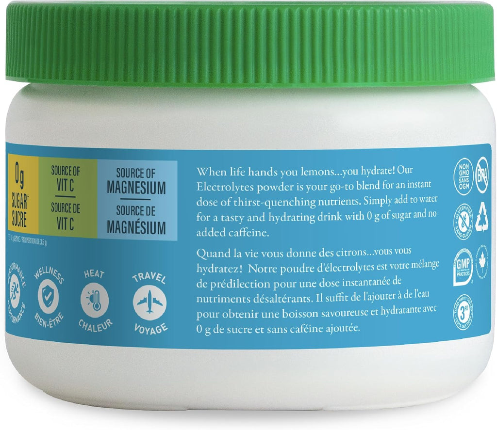Canadian-Made Electrolytes Powder - Classic Lemonade - Sugar-Free Hydration and Electrolyte Replenishment with Prebiotics and Vitamin C - 210G - 60 Servings